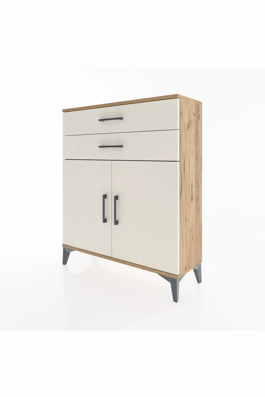 Commode Arges avec 2 étagères, 2 tiroirs et 2 portes, pin-pierre d'ardoise