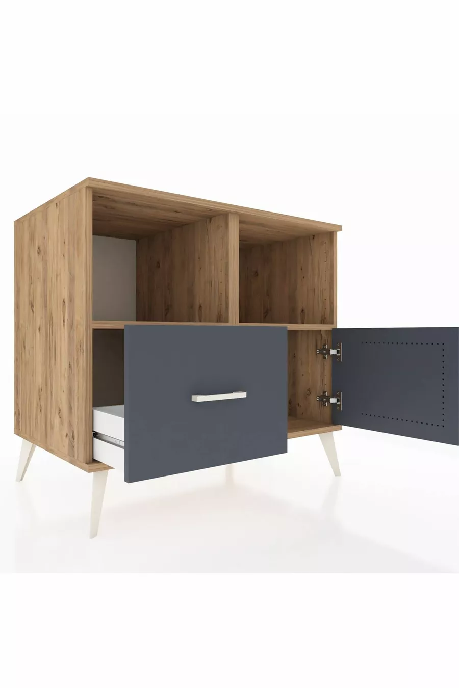 Commode Kronos avec 2 étagères, 1 tiroir et 1 porte, pin-anthracite
