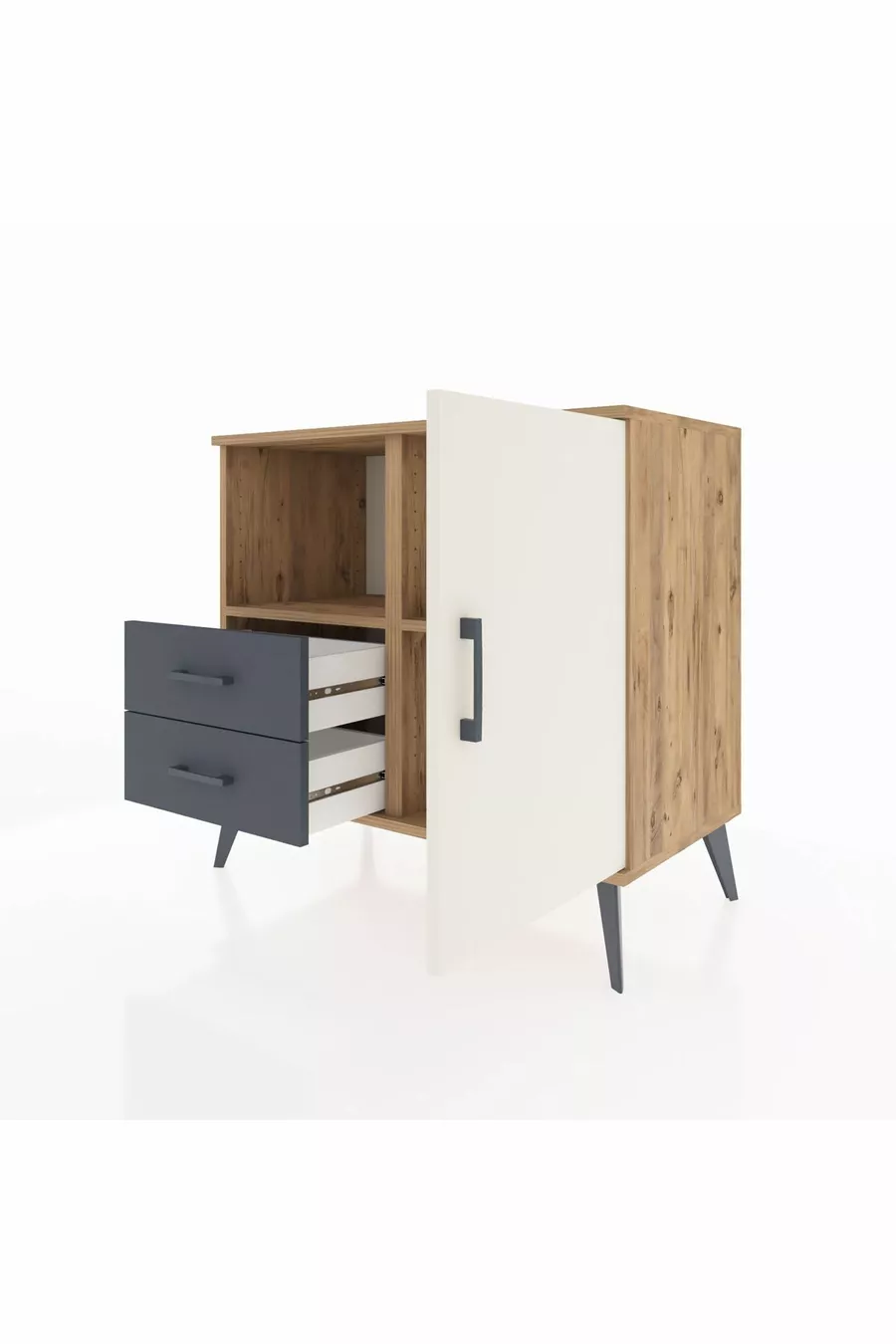 Commode Hyperion avec 2 étagères, 2 tiroirs et 1 porte, en pin et gris anthracite