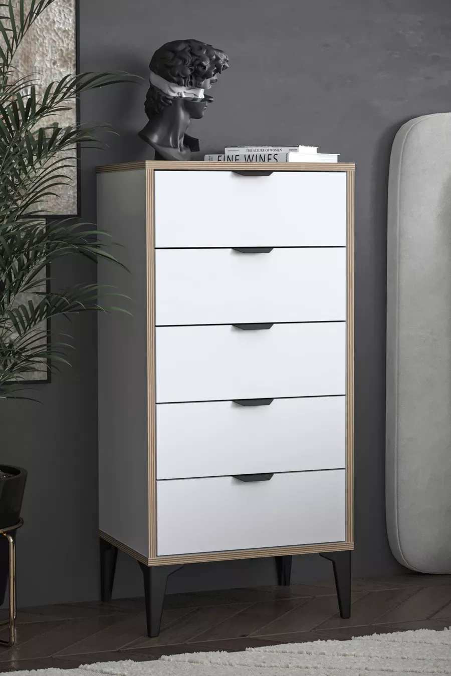 Commode Arden 5 tiroirs, panier à linge