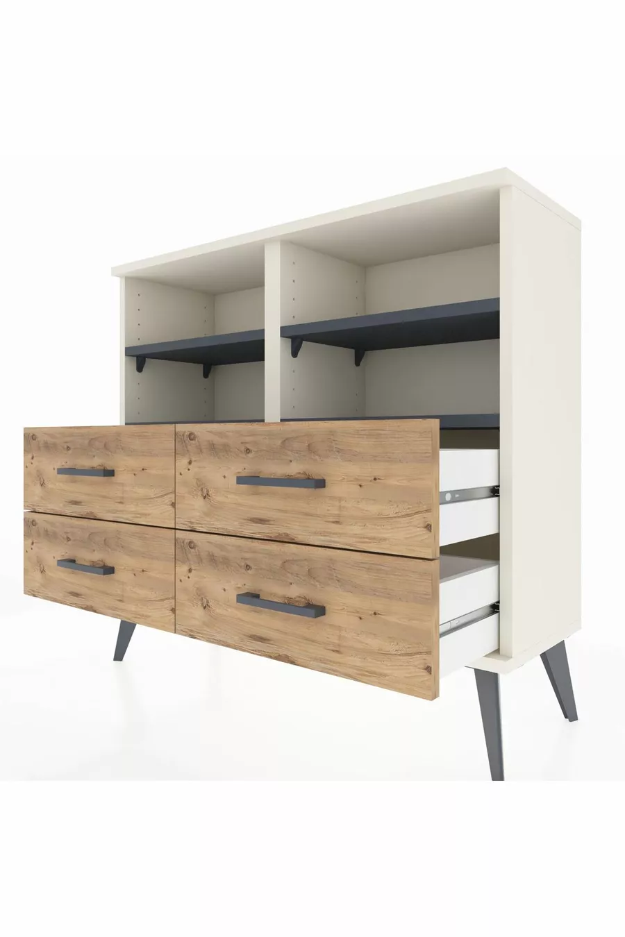 Commode Arges 4 étagères 4 tiroirs Pierre de lune-Anthracite/Sapin