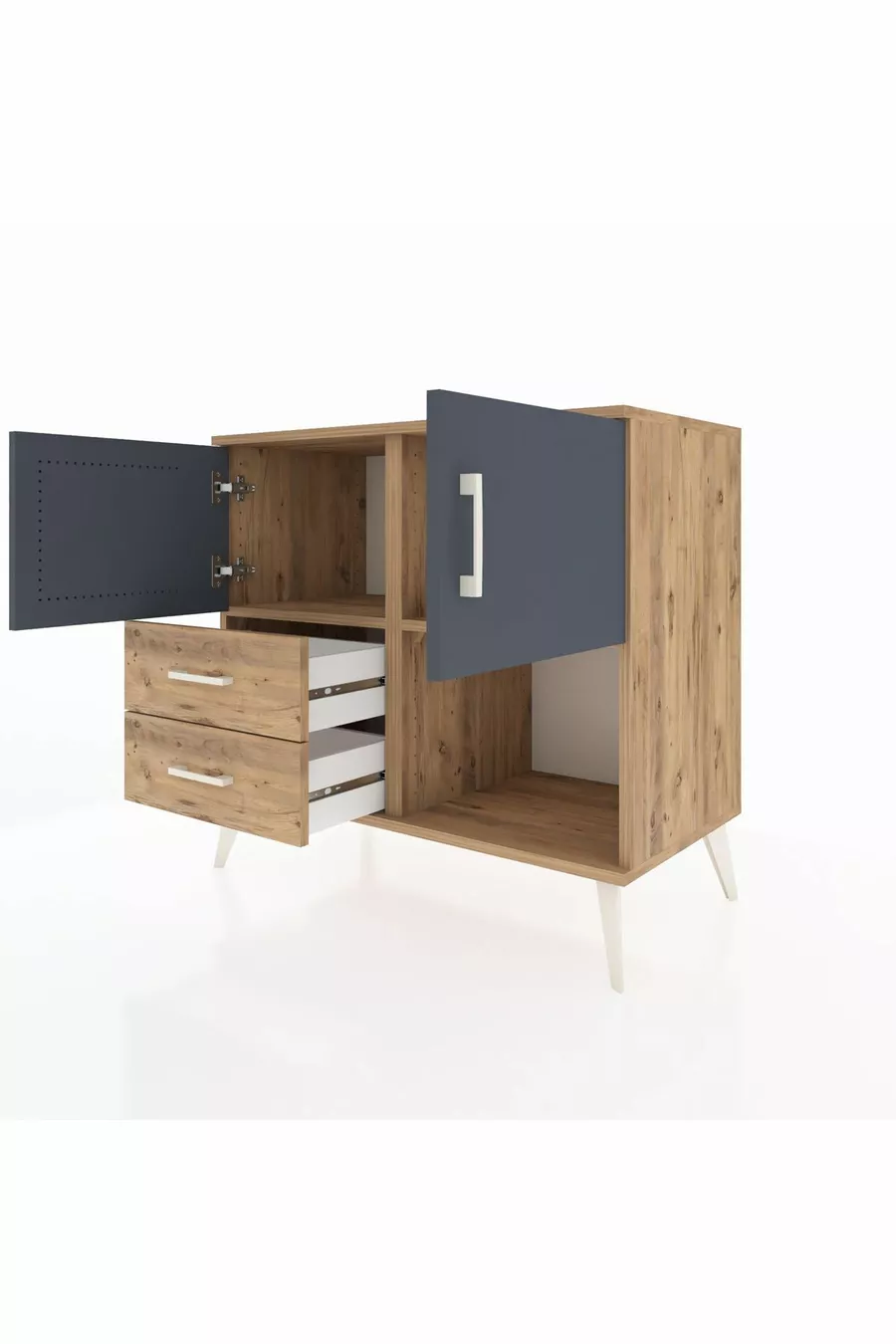 Commode Hyperion avec 2 étagères, 2 tiroirs, 2 portes, pin-anthracite/pin