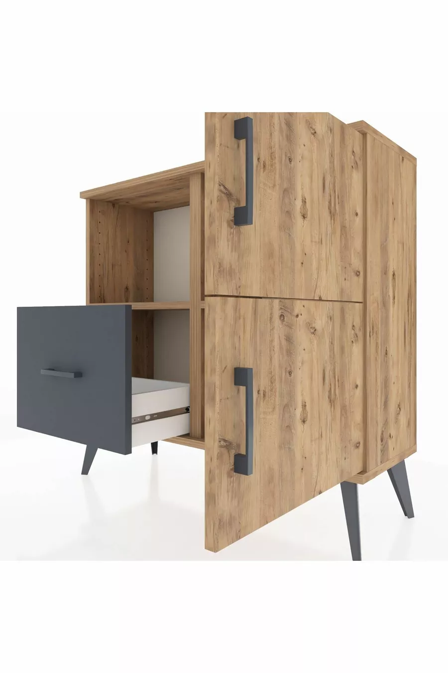 Commode Arges avec 2 étagères, 1 tiroir, 2 portes, en pin/charbon