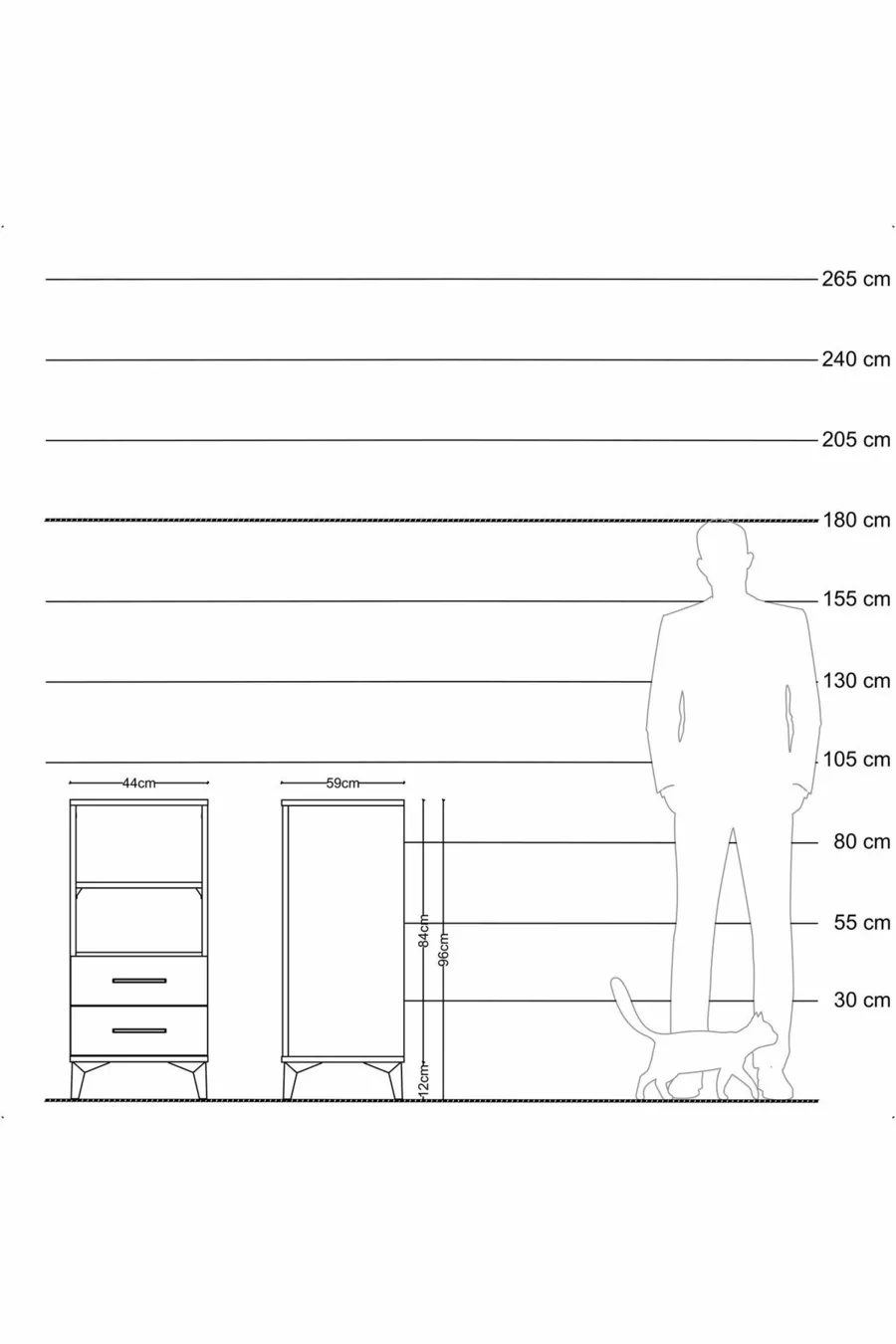 Table de chevet Kronos avec 2 étagères et 2 tiroirs, pin-granit