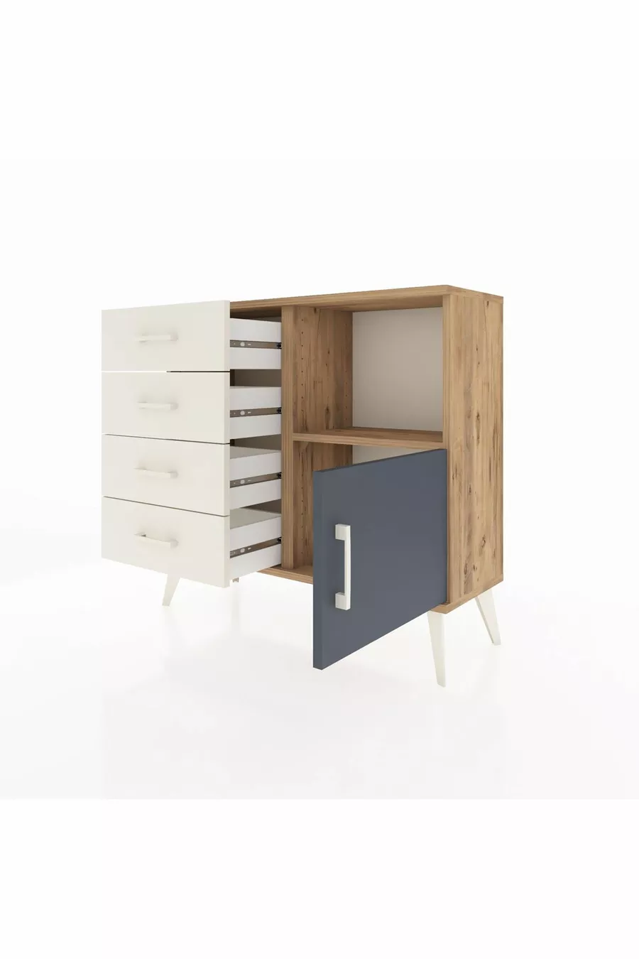 Commode Arges avec une étagère, 4 tiroirs et une porte, pin-anthracite/pierre de lune