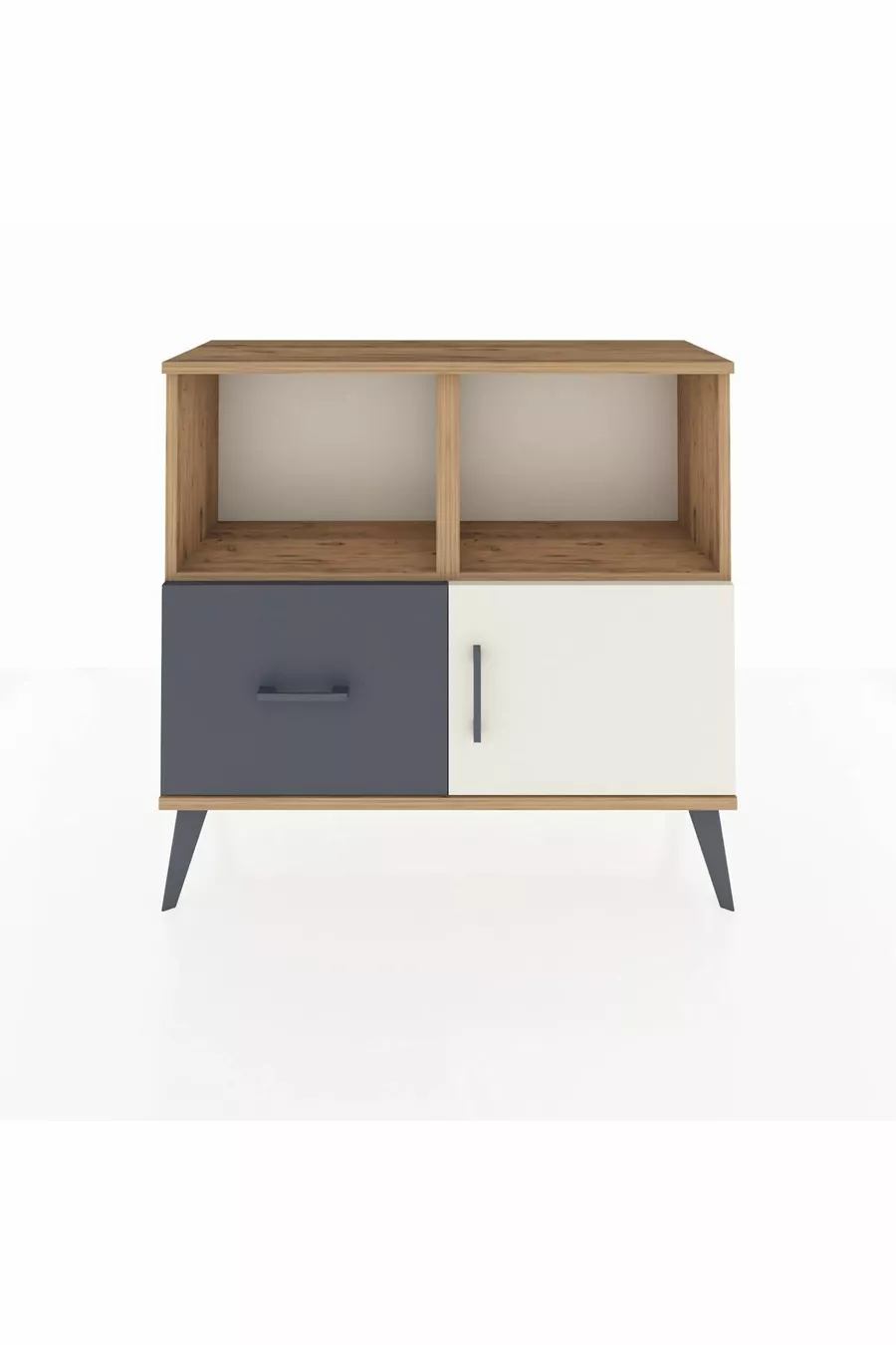 Commode Arges avec 2 étagères, 1 tiroir et 1 porte, en pin-pierre d'âme/antracite