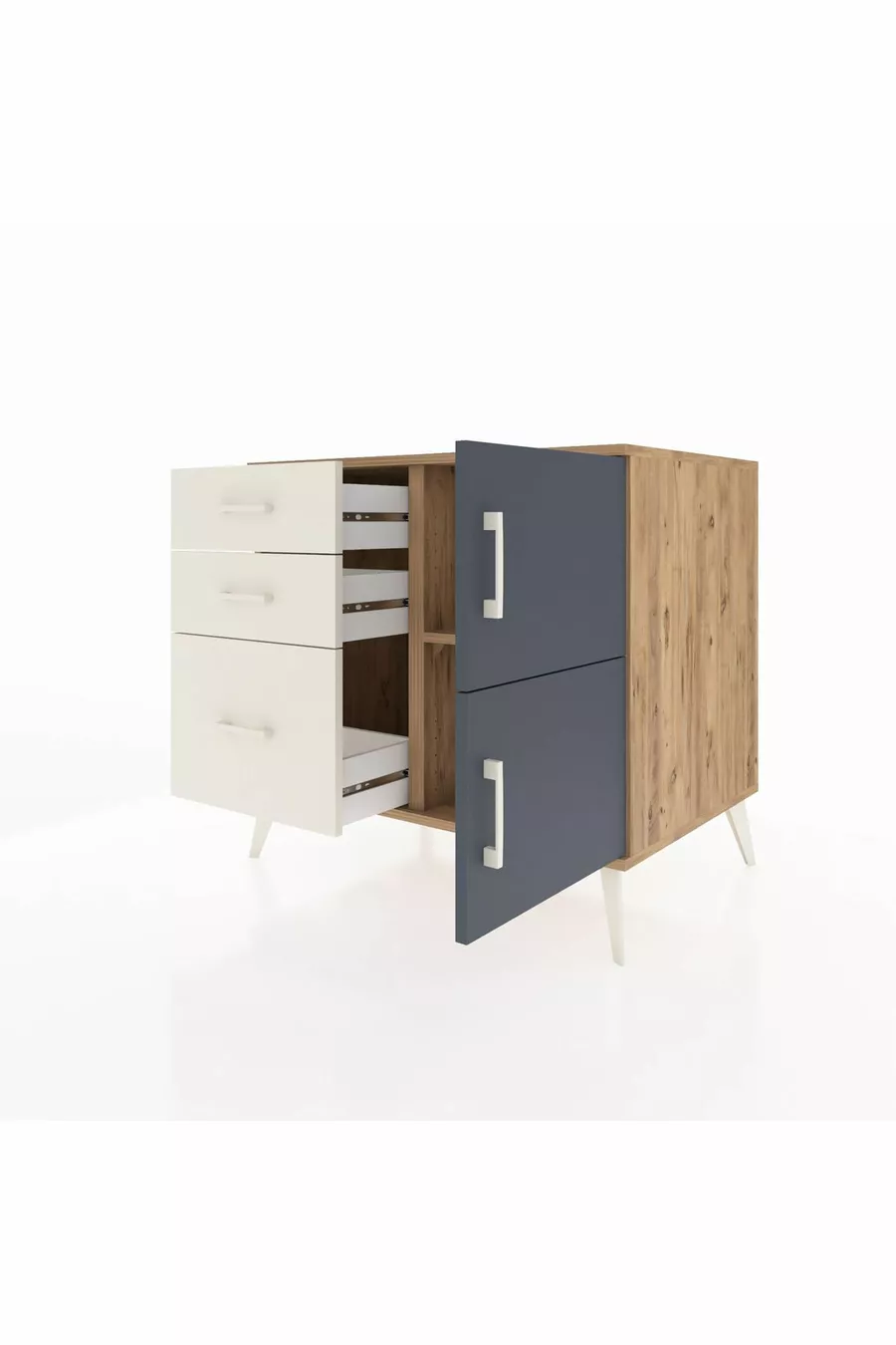 Commode Kronos à une étagère, 3 tiroirs et 2 portes, pin-anthracite/pierre de lune