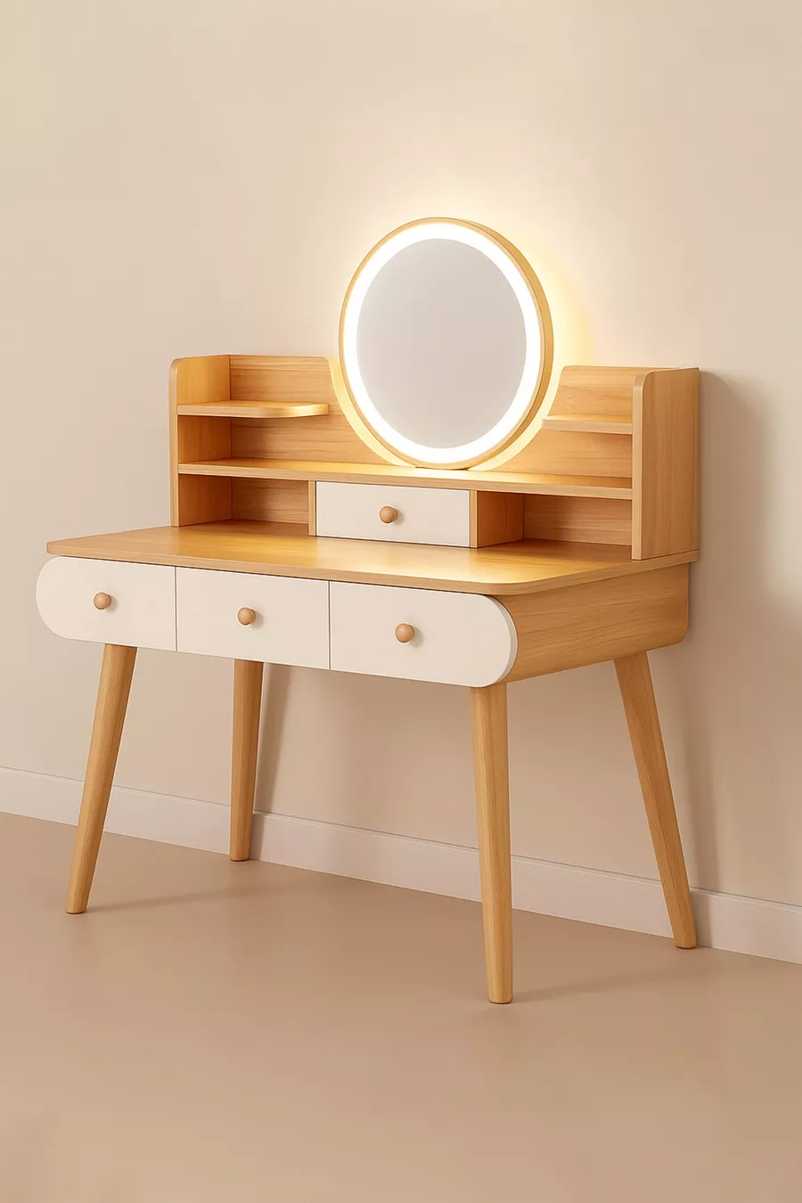 Specchio con luce LED Aura di qualità prima classe (% MDF), moderno trucco/tavolo da toletta (QUERCIA)