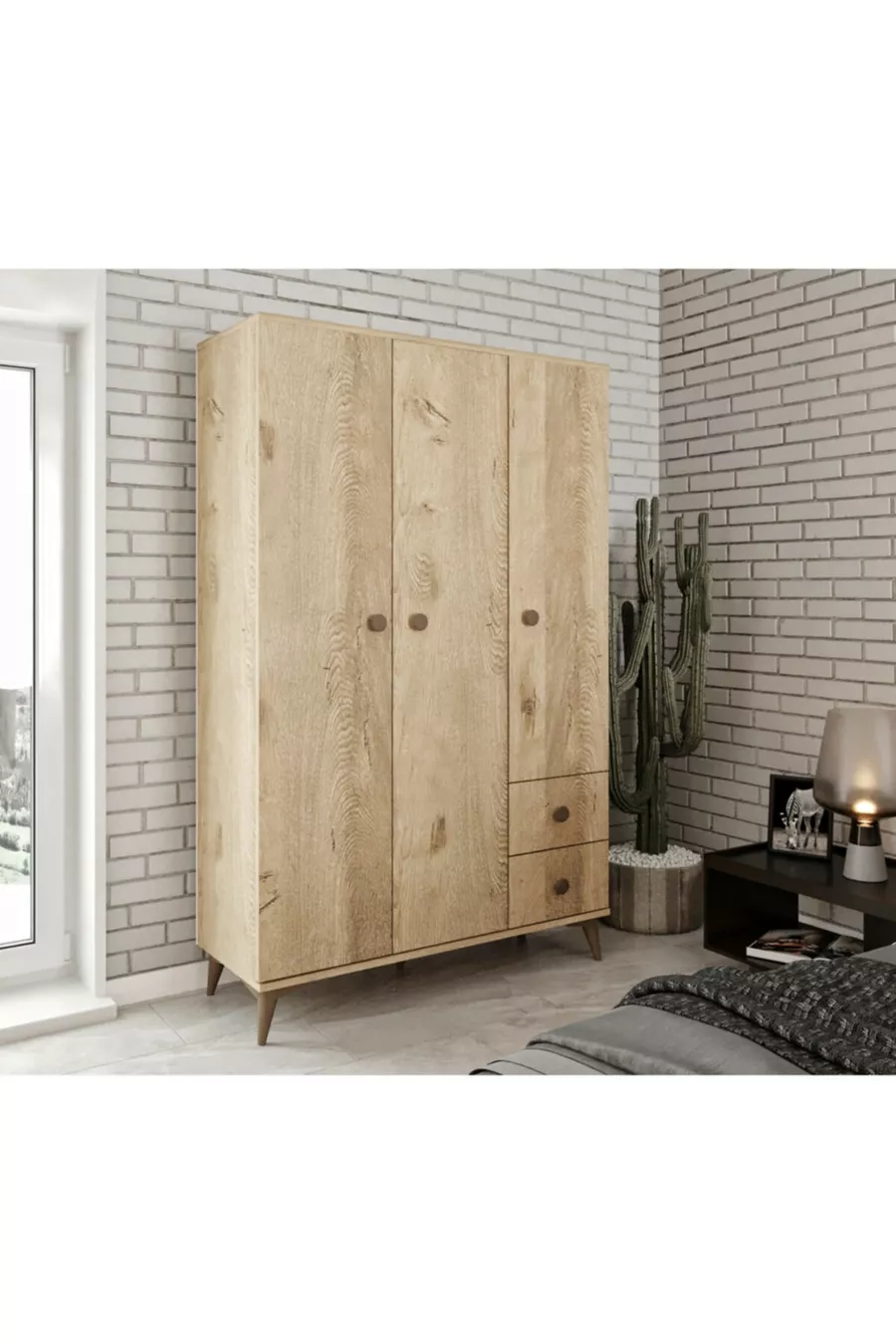 Akasya 3 Kapaklı 2 Çekmeceli Mdf Gardrop Elbise Dolabı Meşe - Tamamı 1. Kalite Mdf