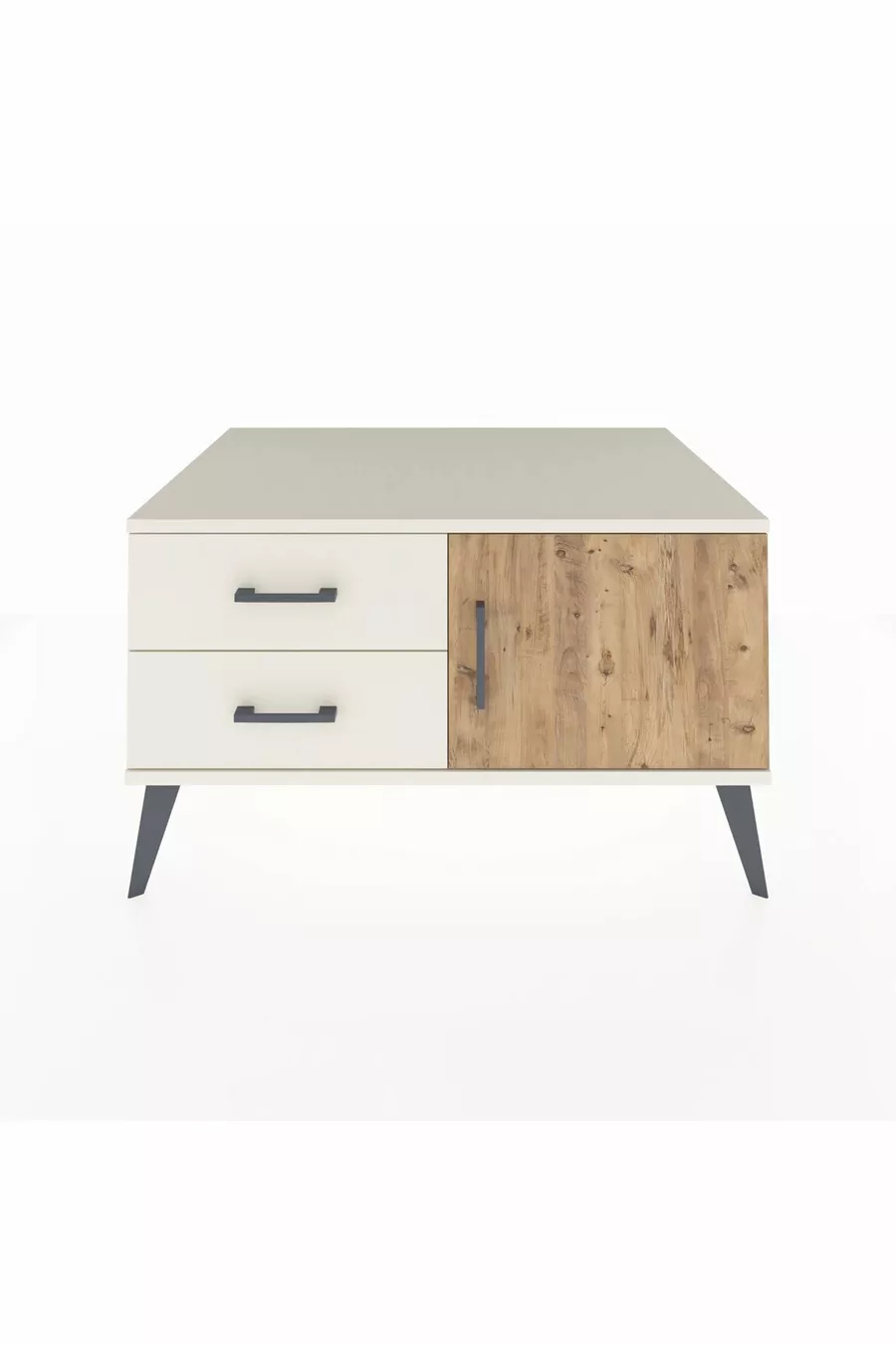 Commode Kronos à une étagère, 2 tiroirs et une porte, Pierre de Lune-Sapin/Pierre de Lune