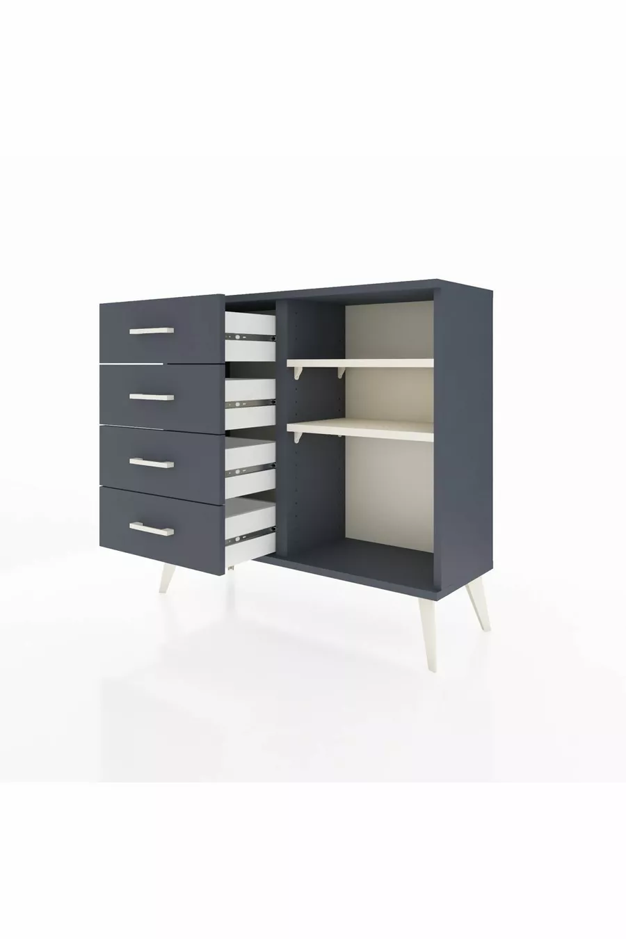 Commode Arges 2 étagères 4 tiroirs Anthracite- Pierre de lune/Anthracite