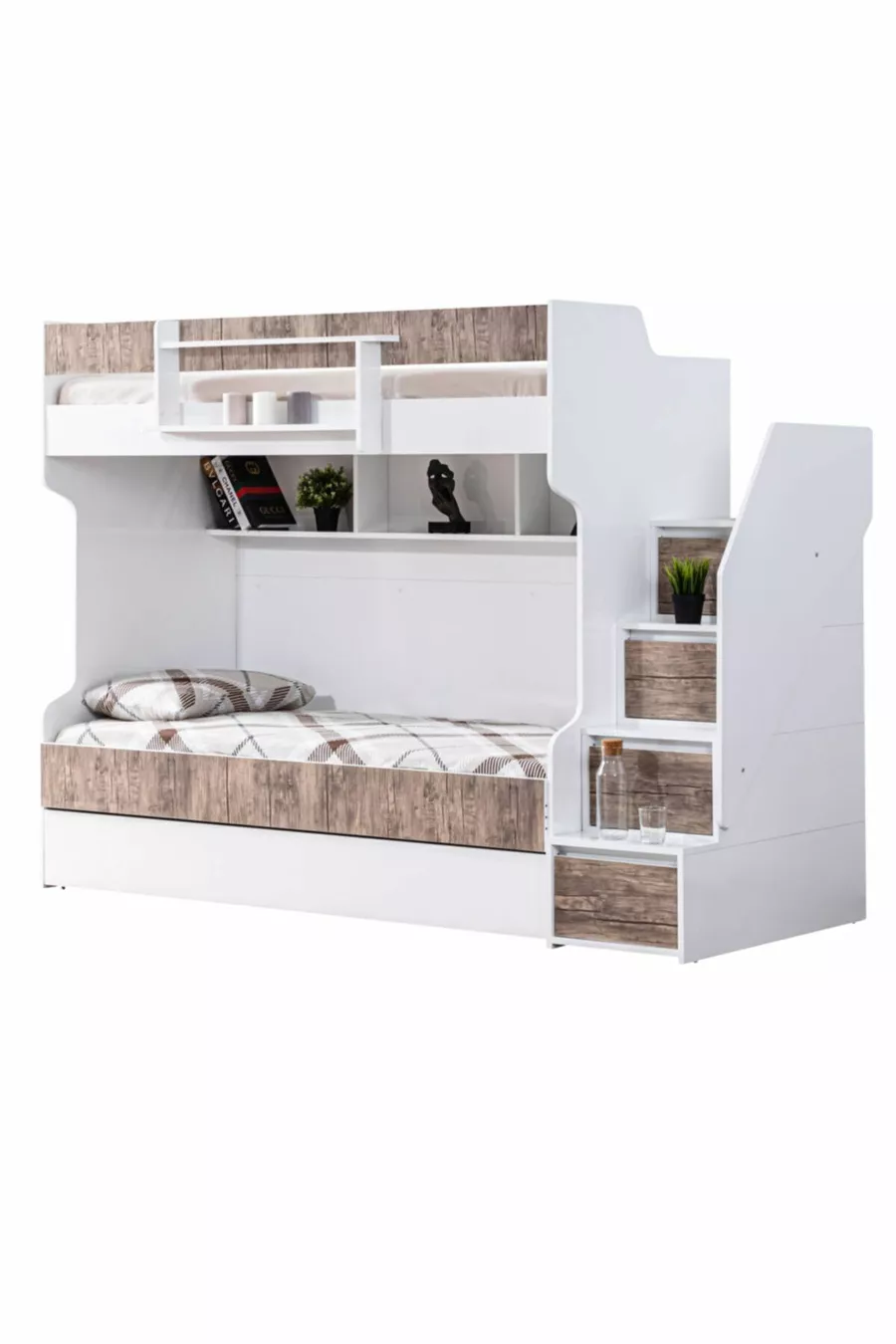 Lits superposés, Lit superposé Courageux avec tiroirs - Noyer 3 matelas confort