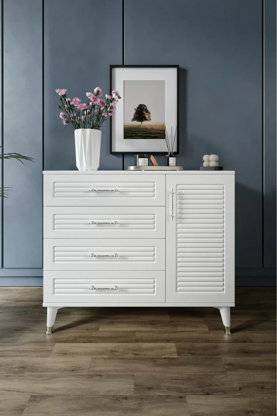 Panjurlu 4 Çekmeceli 1 Kapaklı Şifonyer Modern Tasarım, MDF Kapak, Beyaz Gümüş