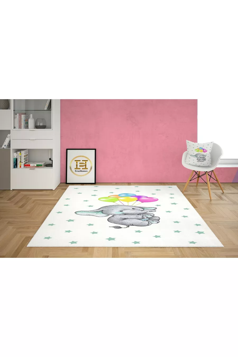 Ensemble pour chambre d'enfant avec éléphant volant en ballon (rideau de fond - couvre-lit et oreiller - tapis)