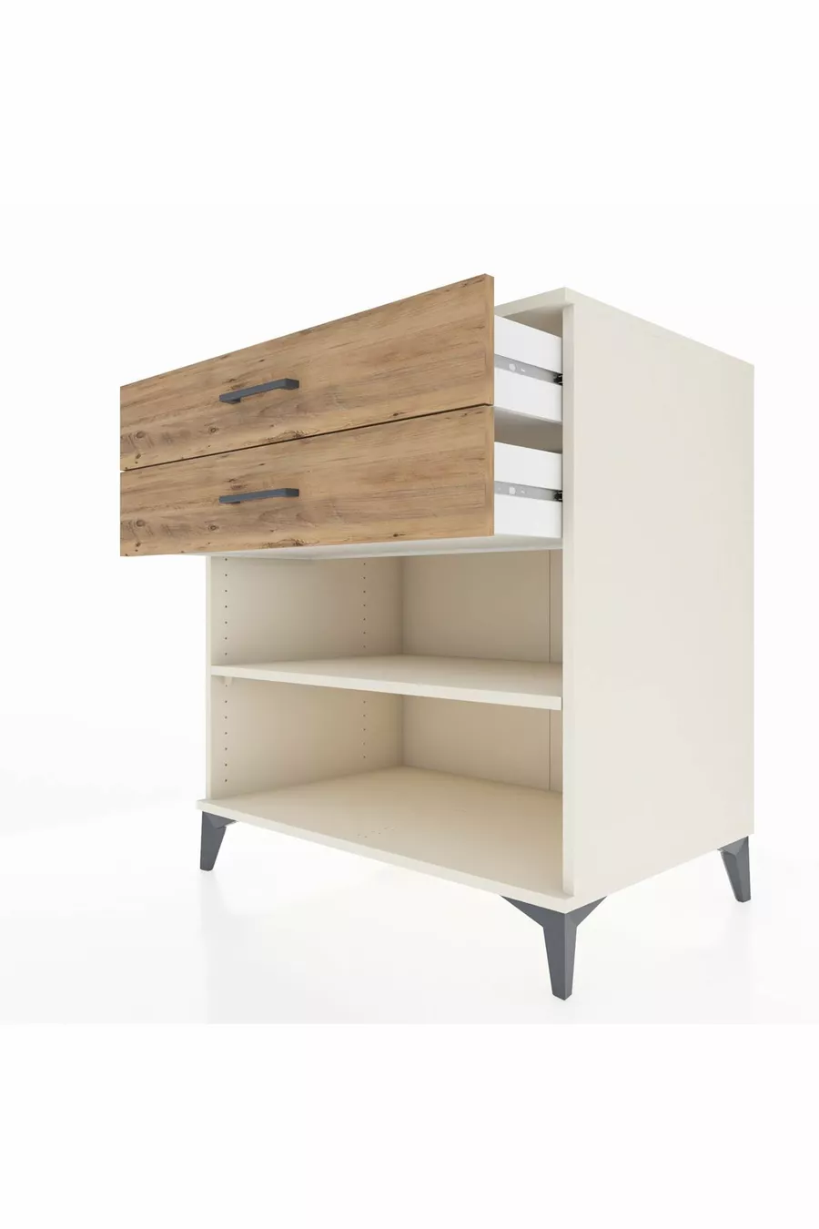 Commode Kronos avec une étagère et 2 tiroirs, Pierre de Lune-Pin