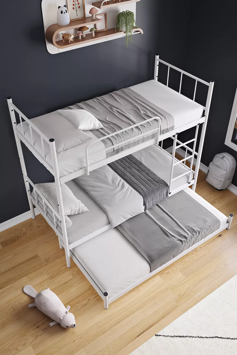 Lit superposé Tekno avec tiroirs, compatible pour 3 personnes, métal blanc