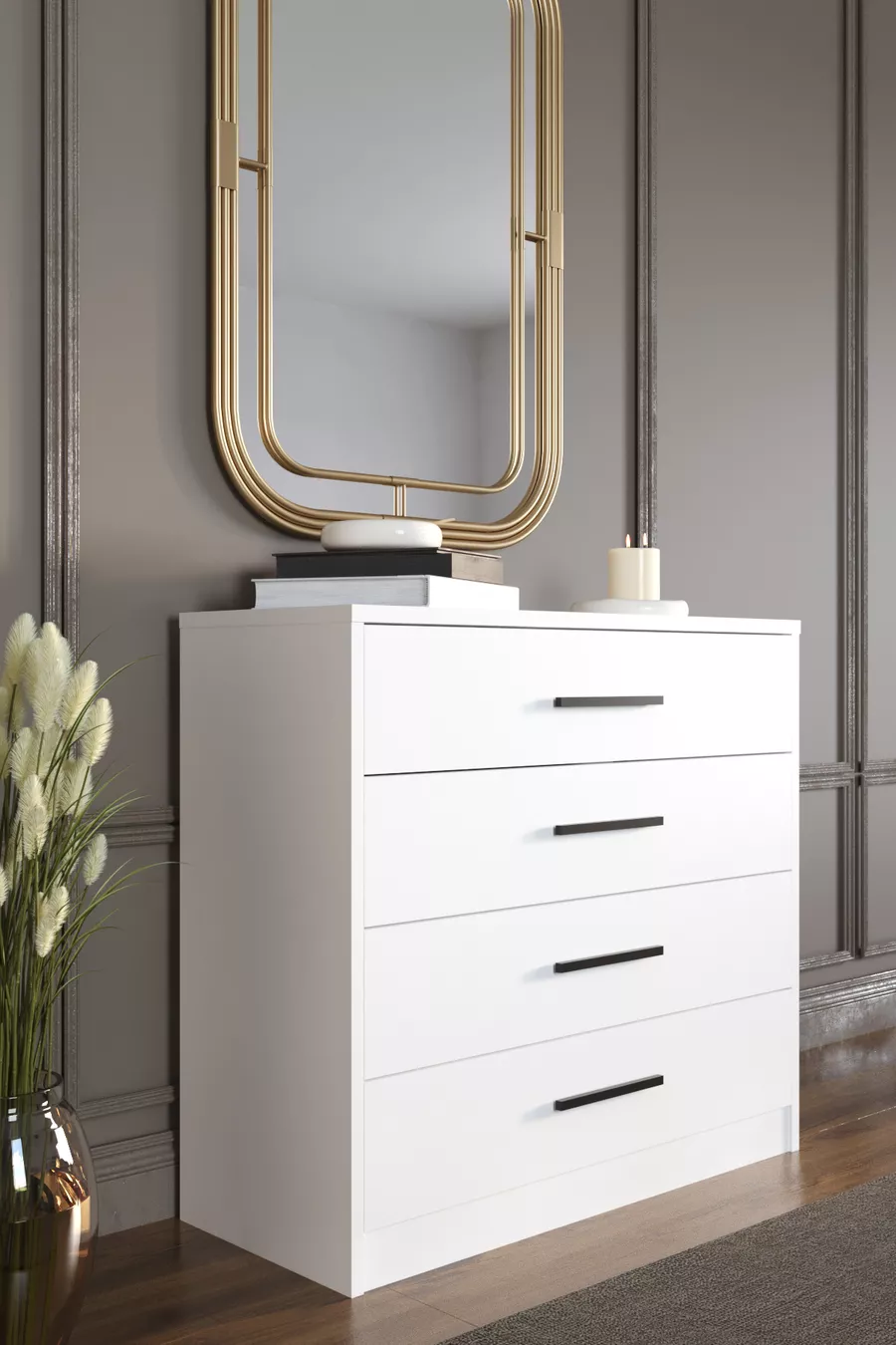 Commode Mira à 4 tiroirs, blanche, poignées noires, cm