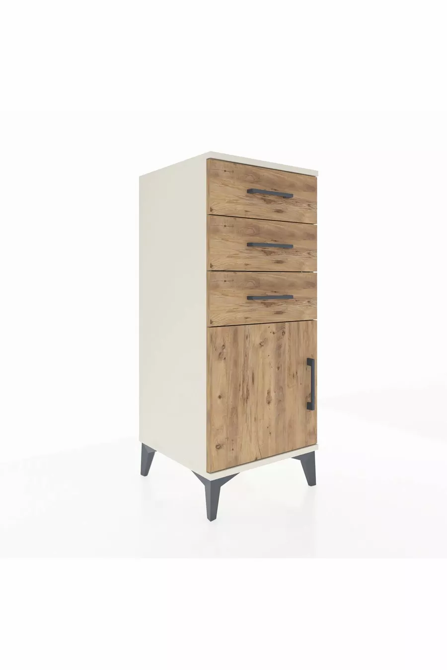 Commode Hyperion à une étagère, 3 tiroirs et une porte, Pierre de lune-Pin