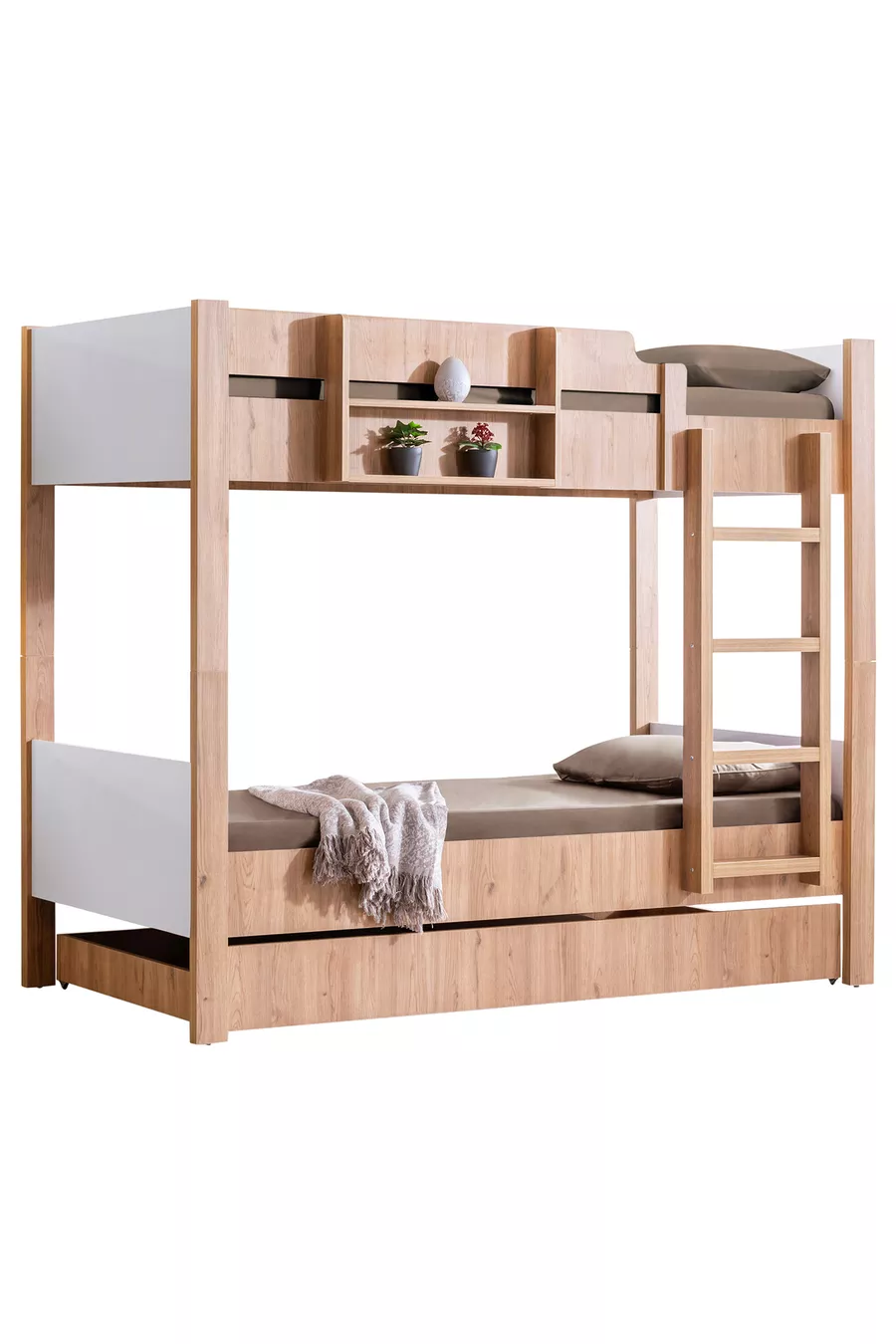 Bunk Bed, Asia Detachable Bunk Bed with Trundle, Walnut - White + 2 Comfort Mattresses