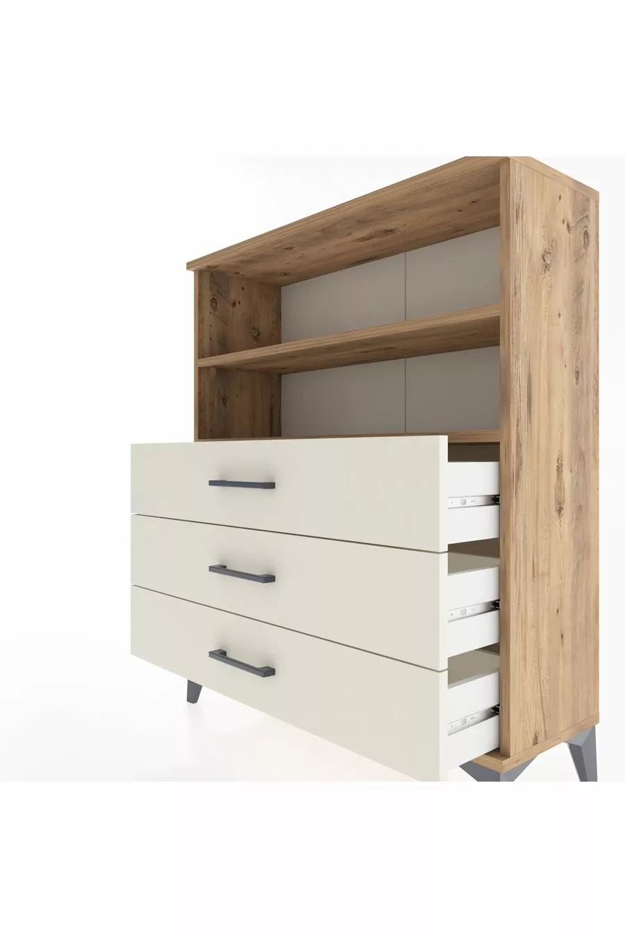 Commode Arges 2 étagères 3 tiroirs Pin-Pierre de lave