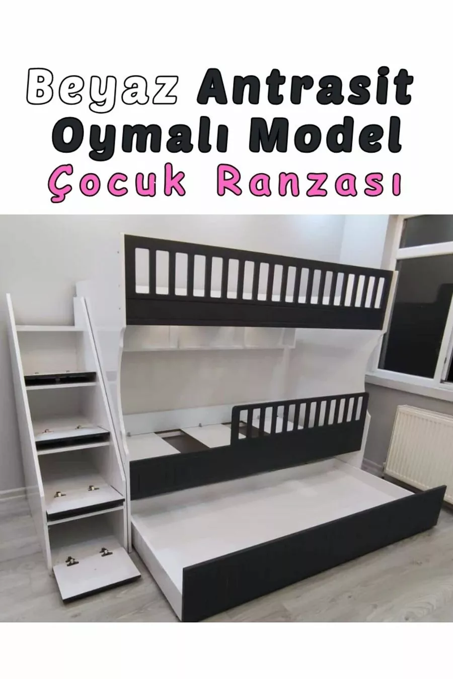 Letto a castello per bambini modello intagliato Bianco Antracite