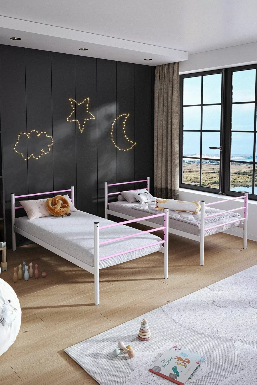 Trend Bunk Bed Compatible with Mattress Light Pink Detachable Metal Bunk Bed Frame