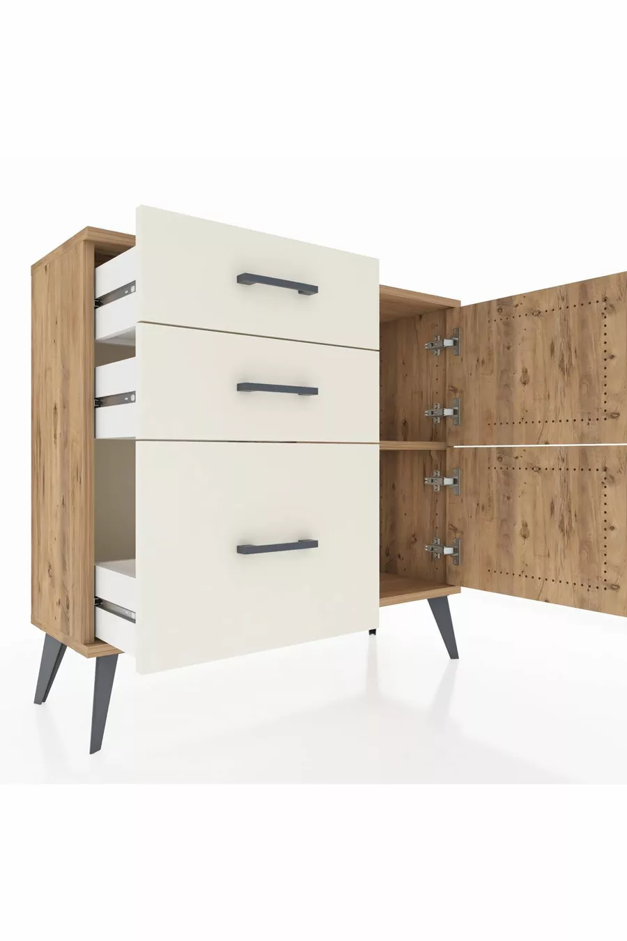 Commode Arges avec une seule étagère, 3 tiroirs et 2 portes, pin-pin / pierre de lune