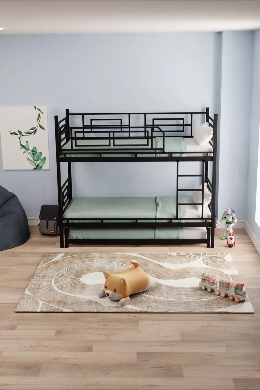 Letto a Castello e Letto Singolo in Metallo per Cameretta dei Bambini Defne Yavrulu Nero