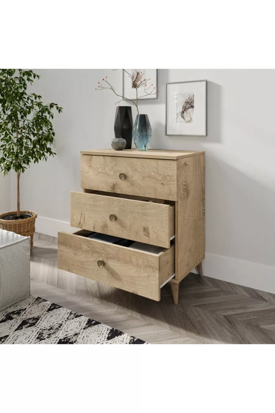 Set Camera da Letto Soft Rovere - Letto, Armadio con 3 Ante, Comò con 3 Cassetti, Tutto in MDF