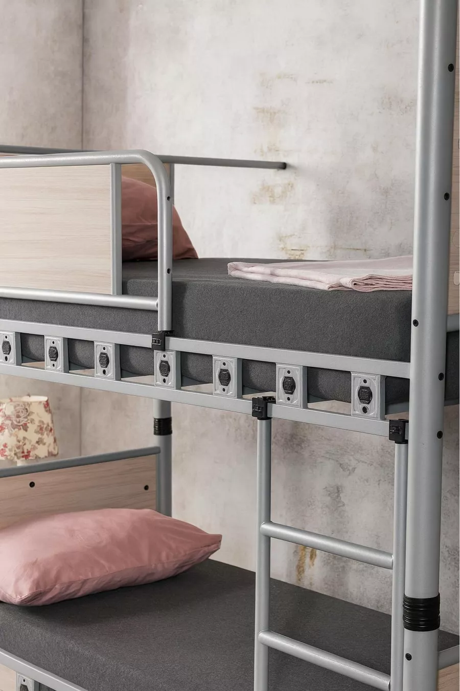 Elegant Kids' Room Bunk Bed and Bed with Wooden Headboard and Metal Frame