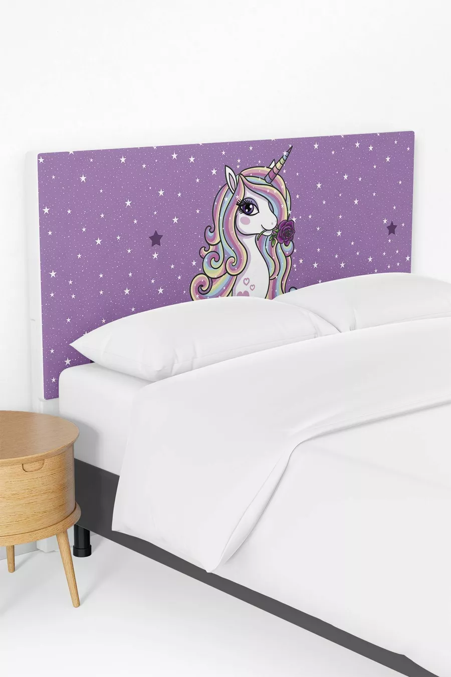 Mor Unicorn Desenli Yatak Baza Başlık Kılıfı 