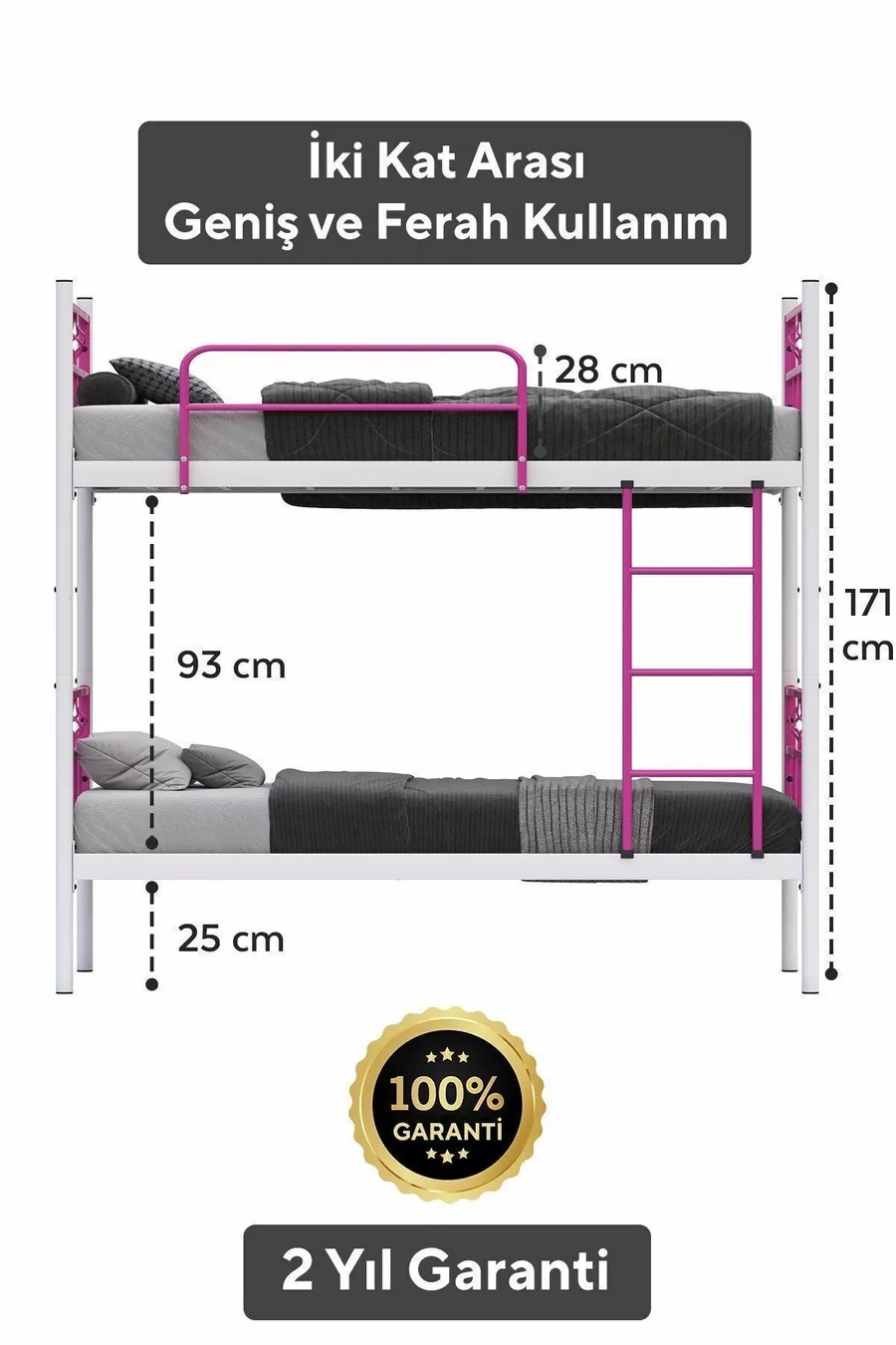 Letto a Castello Koza Ranza Compatibile con Materasso Rosa Scuro con Rete Metallica Separabile