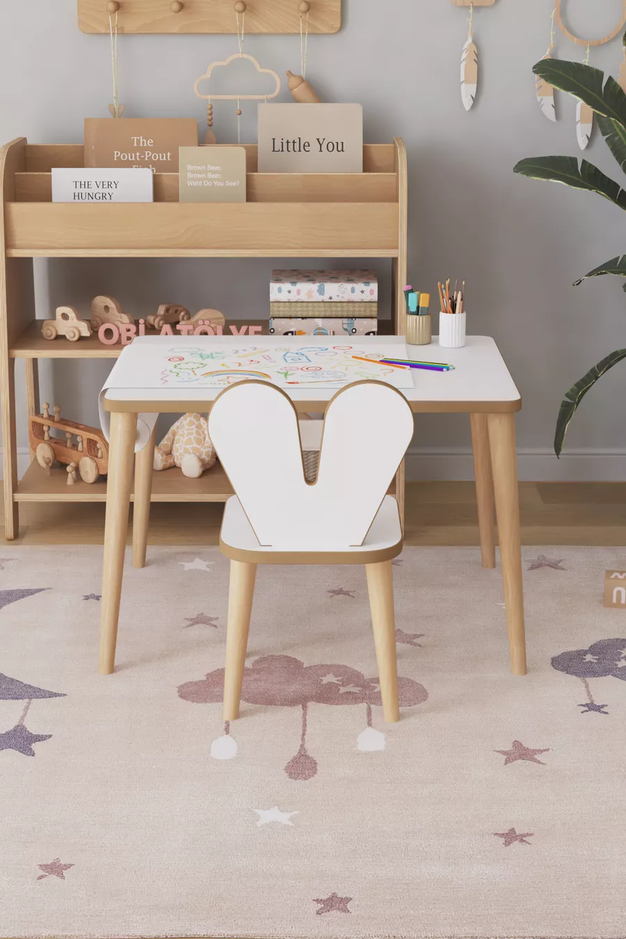 Table d'activité de jeu pour enfants Cm - Ensemble de rouleaux de papier - Table de travail avec chaise Montessori