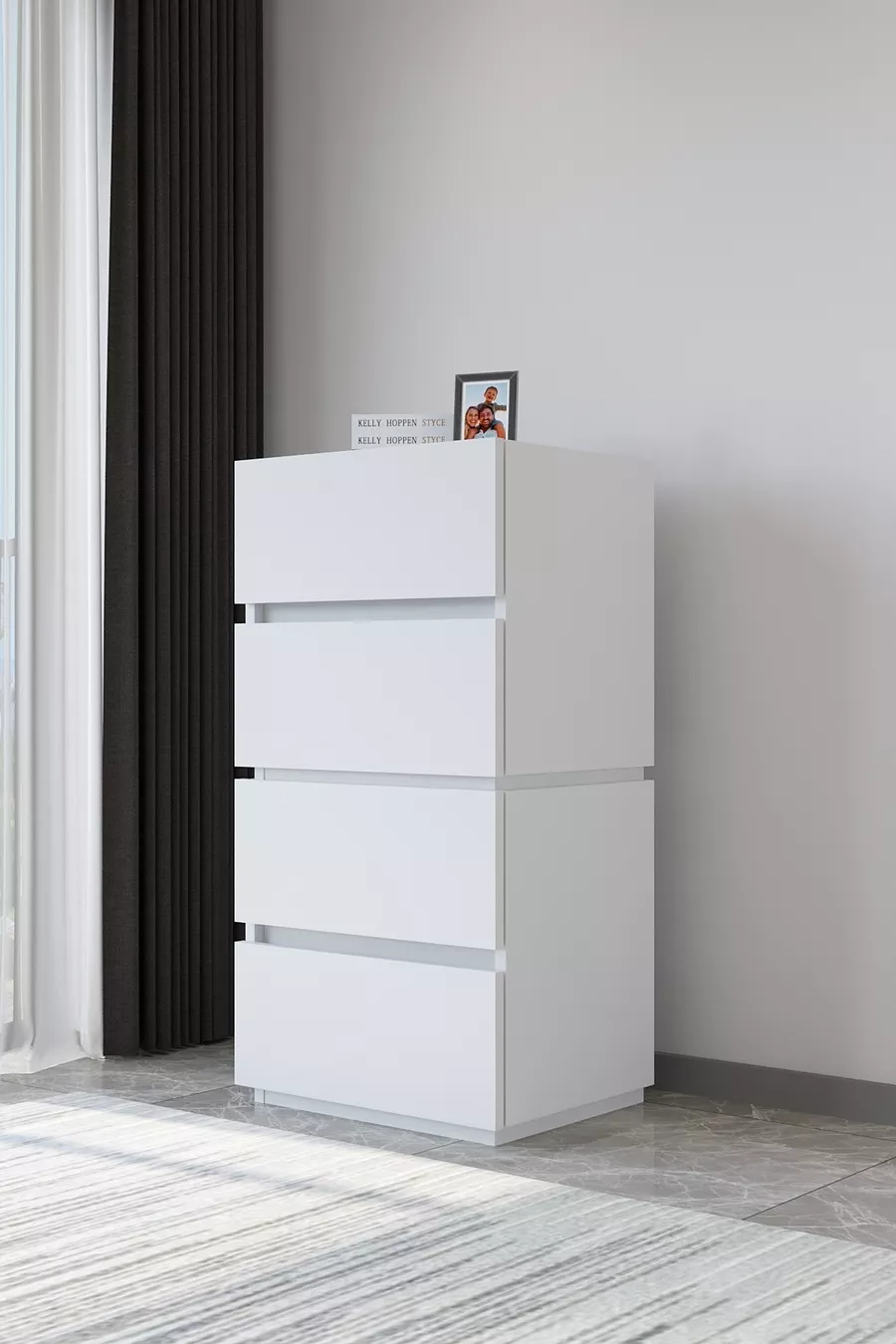 Commode blanche à 4 tiroirs Galata en cuir verni pour chambre à coucher ou chambre de bébé