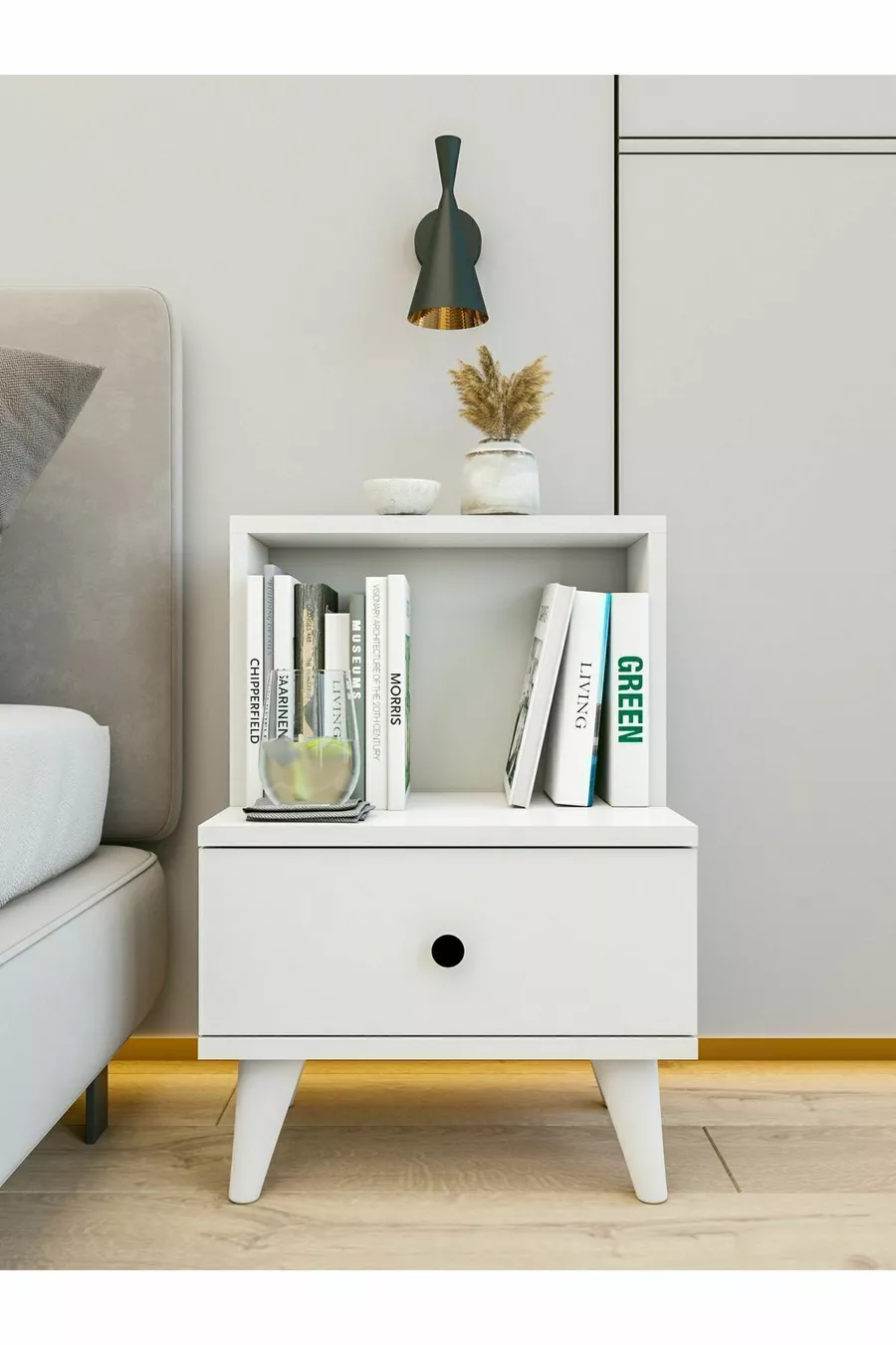 Table de chevet brillante blanche avec tiroirs et étagères pour chambre à coucher