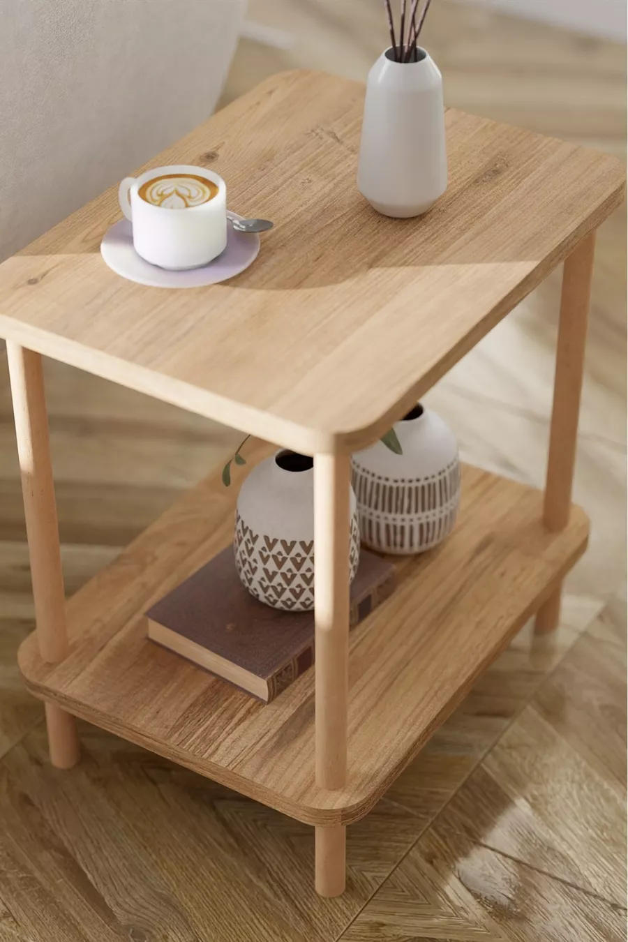 Table d'appoint latérale à 2 étagères avec large porte-journaux, bibliothèque, support pour fleurs, table de chevet, table de chevet polyvalente