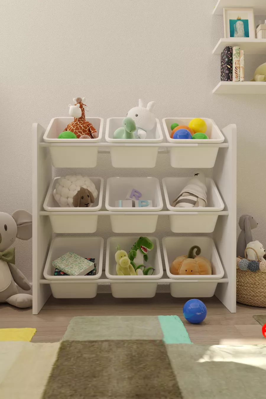 Armoire à jouets avec 9 paniers, adaptée aux enfants, armoire multi-usage, avec paniers blancs