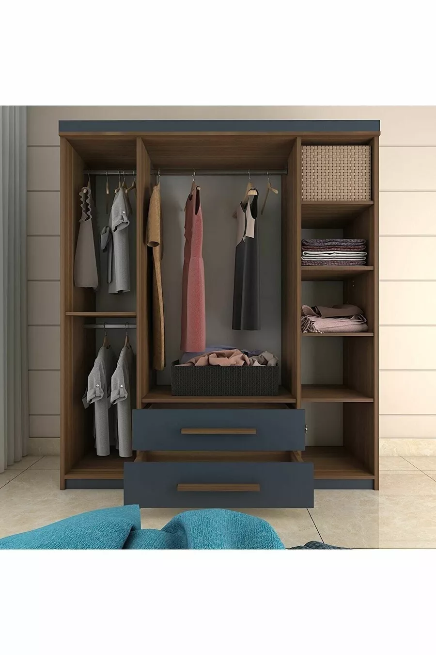  Perla Lux Armoire 4 Portes 2 Tiroirs Noyer-Anthracite Gris