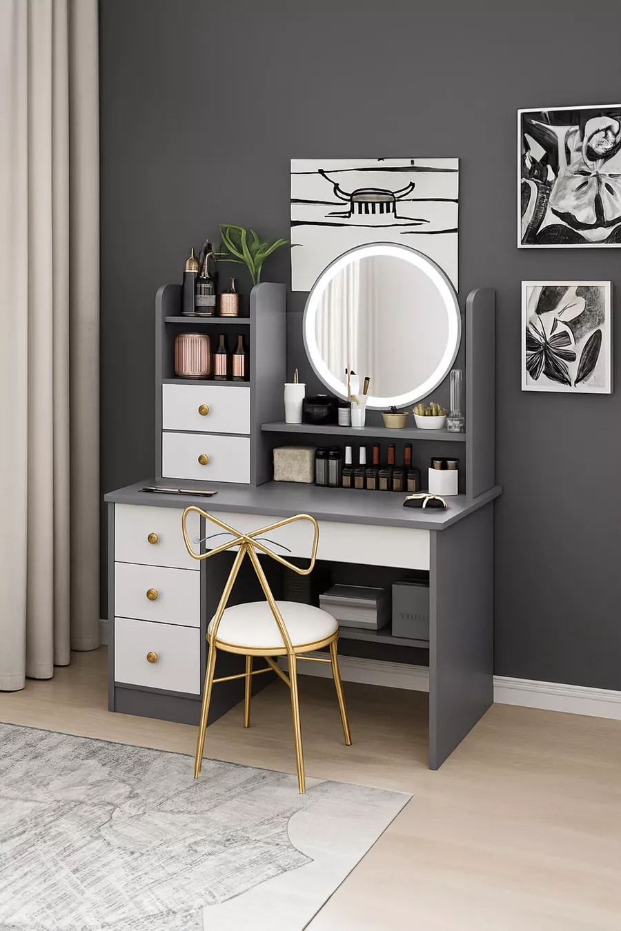 Coiffeuse moderne avec miroir et éclairage LED en MDF de qualité premium de 1ère classe (G)