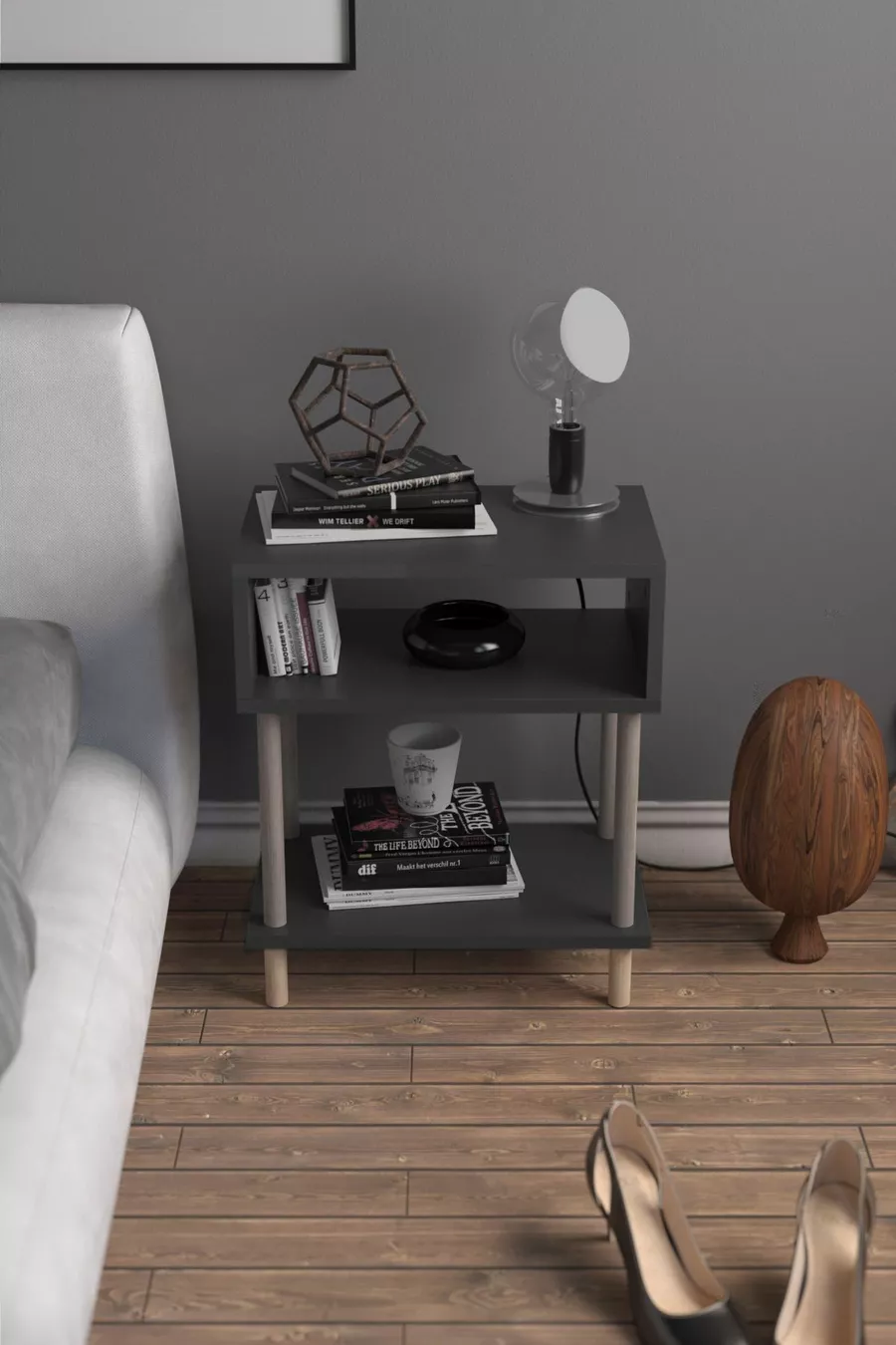 2-Shelf Modern Nightstand Bedroom Bedside Organizer Wooden Leg Side Table - Anthracite