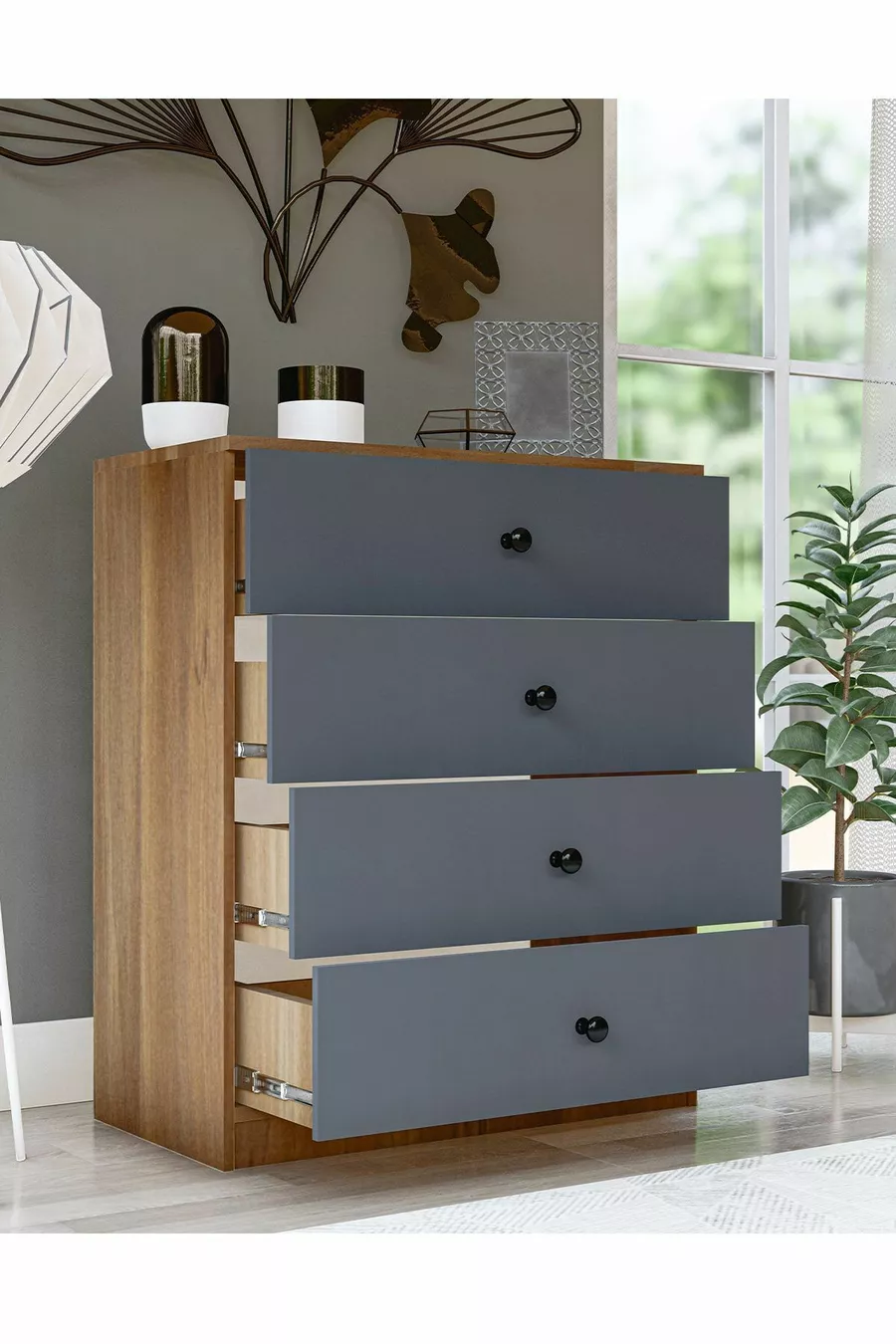 Comò Gm Almina a 4 cassetti con manopole a pulsante, grigio antracite-noce