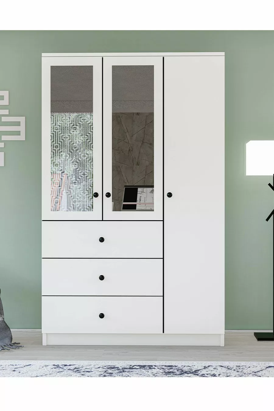 Gm  Ece Lux 3 Türen 3 Schubladen Kleiderschrank mit Spiegel und Griffknöpfen