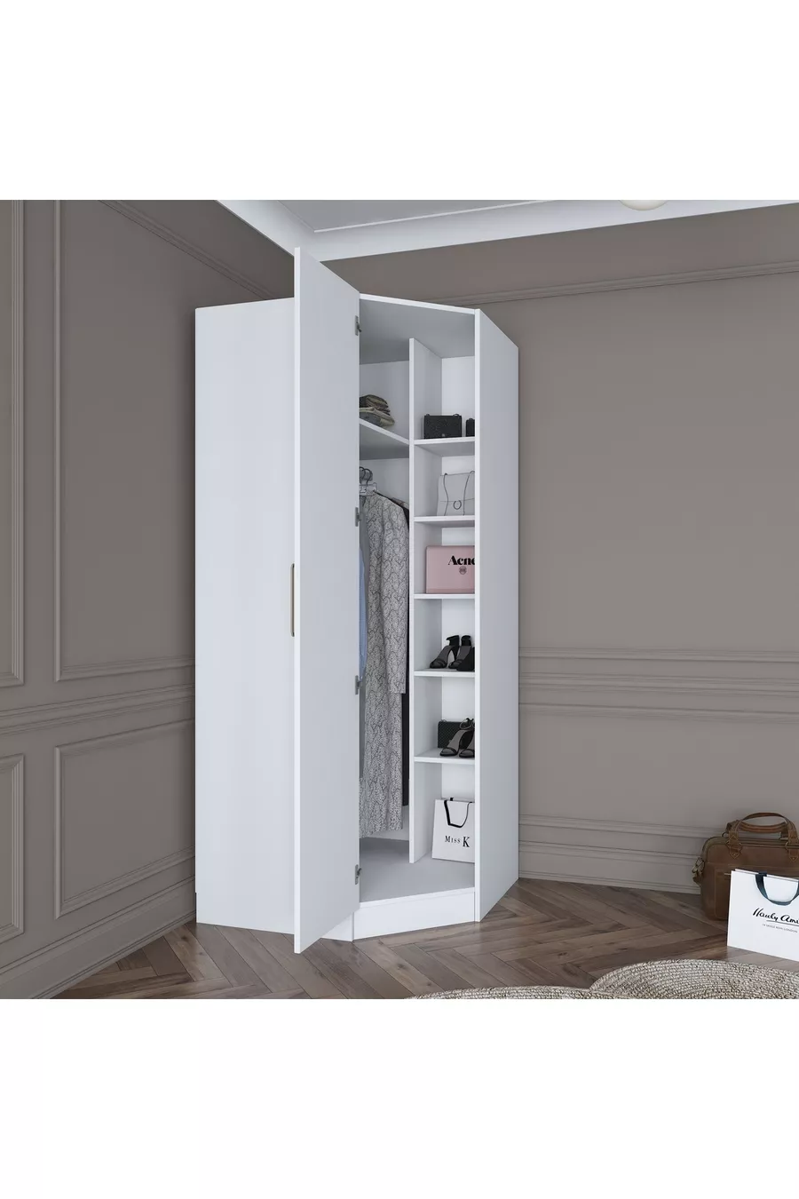 Rani  Eckmodul-Kleiderschrank mit 1 Tür, 6 Regalen und Kleiderstange, Ergänzendes Eckelement, Weiß
