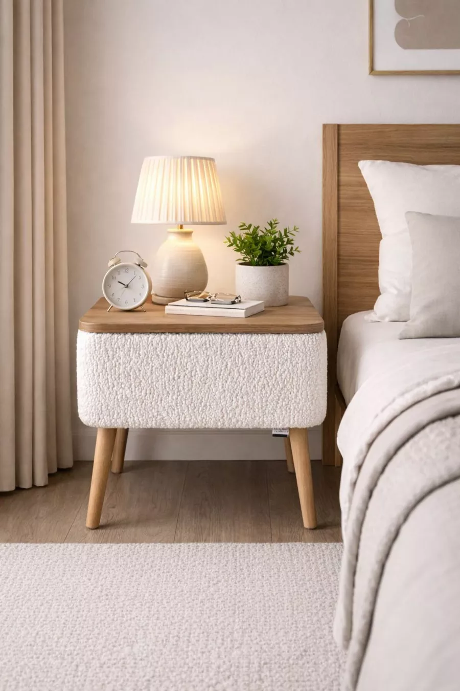 Nivo Drawer Nightstand, Modern Nightstand with Wooden Legs and Teddy Fabric Upholstery