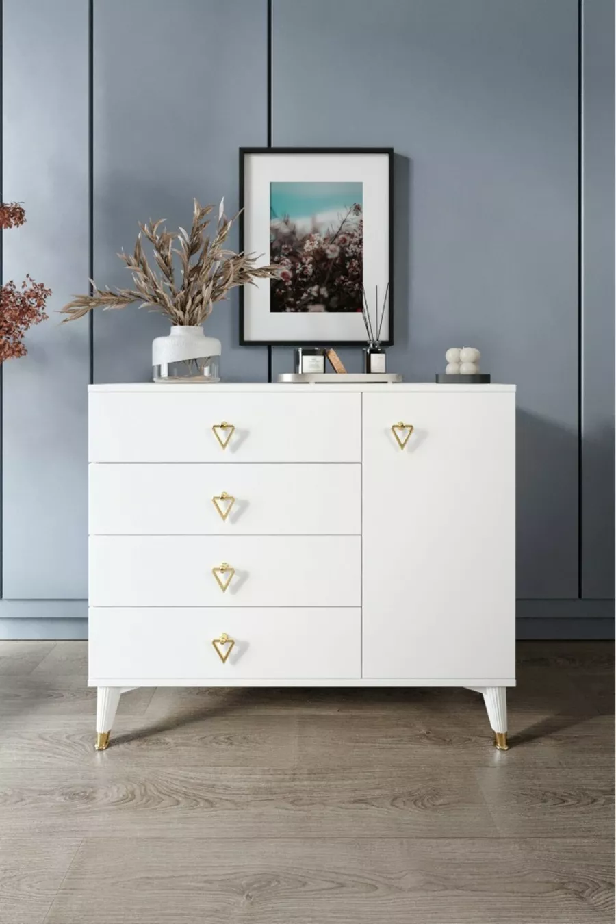 Commode moderne simple avec 4 tiroirs et 1 porte, blanc et doré