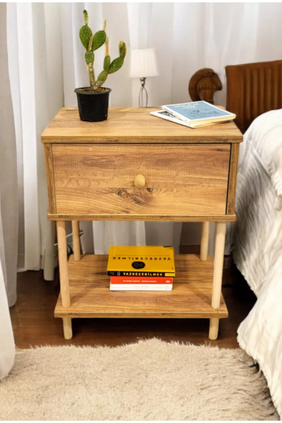 Schuifklep Nachtkastje met Plank Modern Houten Nachtkastje met Poten voor Slaapkamernacht