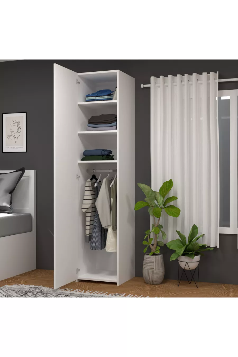 Retro-4 Wardrobe with 3 Shelves, 1 Door, and Straps, White
