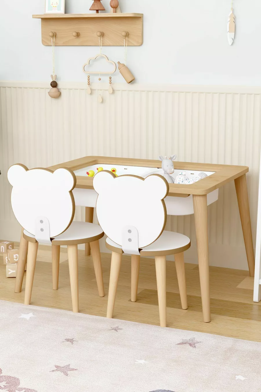 Table d'activité en bois avec 2 chaises, résistante à l'eau pour enfants