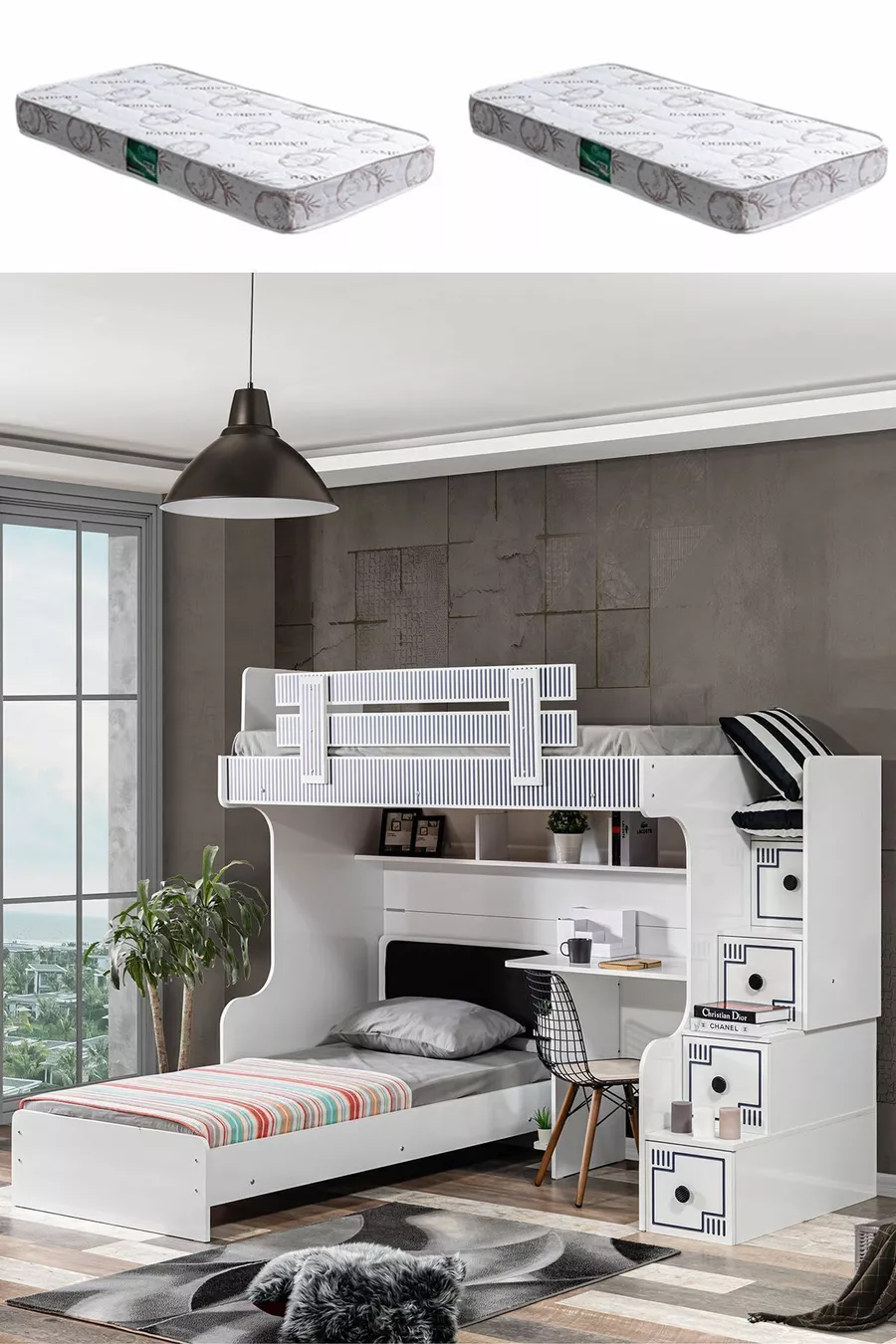 Etagenbett, Etagenbett mit Schreibtisch, 2 Comfort-Matratzen