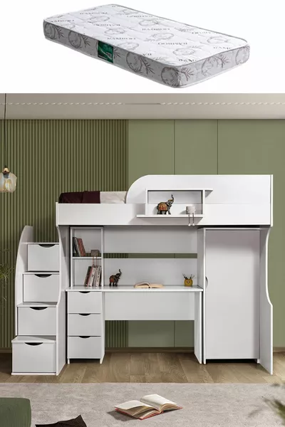 Bunk Bed, Litera Bunk Bed with Wardrobe and Desk, White 1 Piece Comfort Mattress